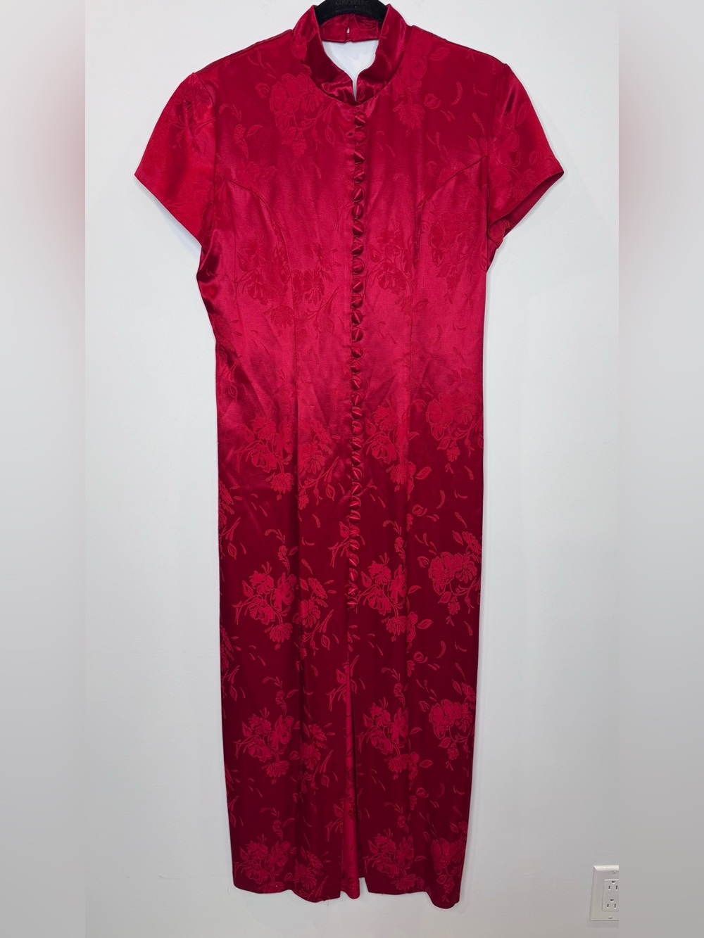 Vintage Red Floral Jacquard Maxi floral mandarin collars Dress sz 12 - Picture 2 of 9